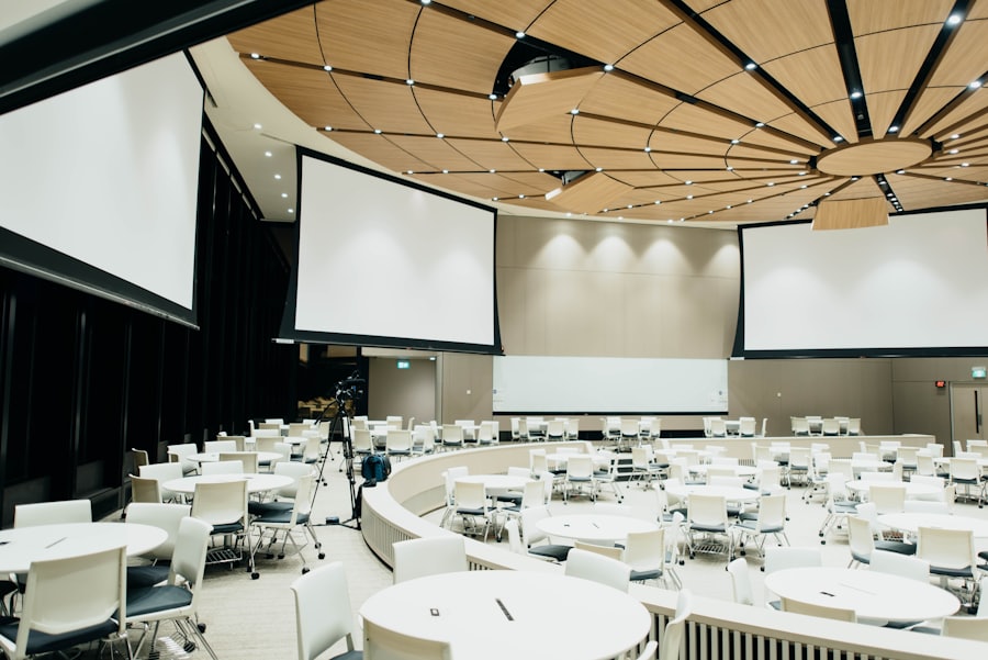 Conference ballroom set for networking